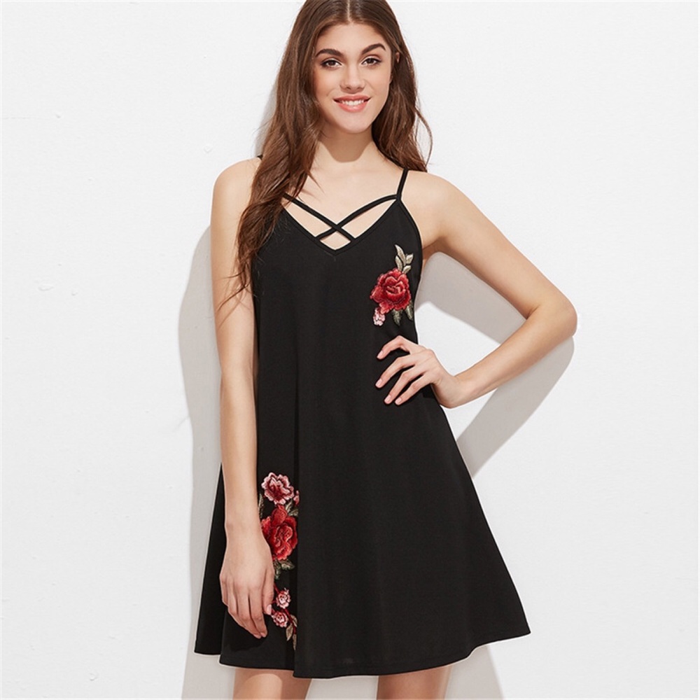Cross Front Rose Floral Embroidered Cami Dress - Picture 4 of 7